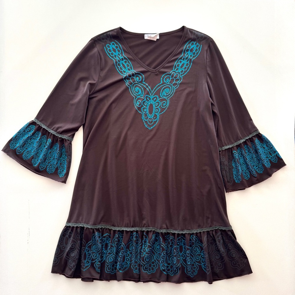 Lady Noie Brown Teal Embellished Dress Beaded Sequin Boho Evening Women’s XL